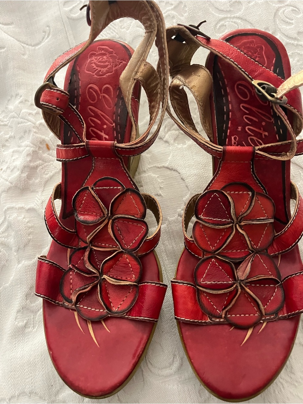 Red Floral Leather Women's Sandals